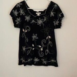 Christopher & Banks Black Top with Embroidered Flowers